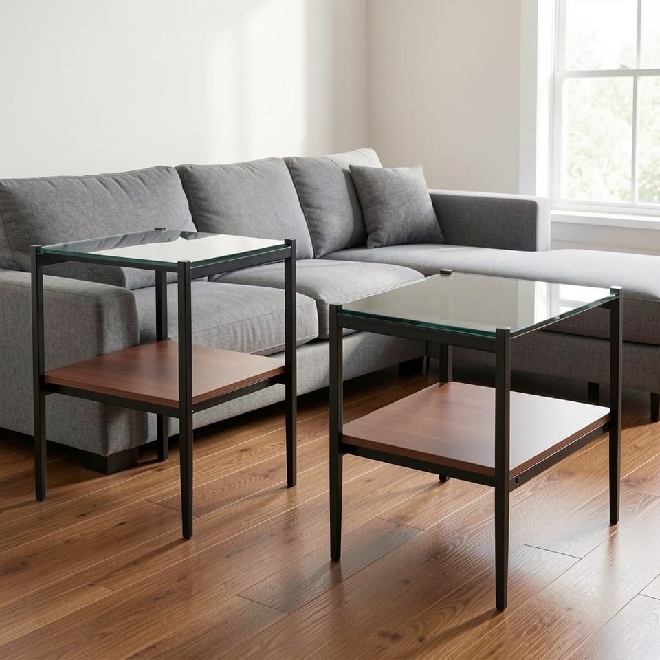 Gray glass and black metal end table with wooden shelf