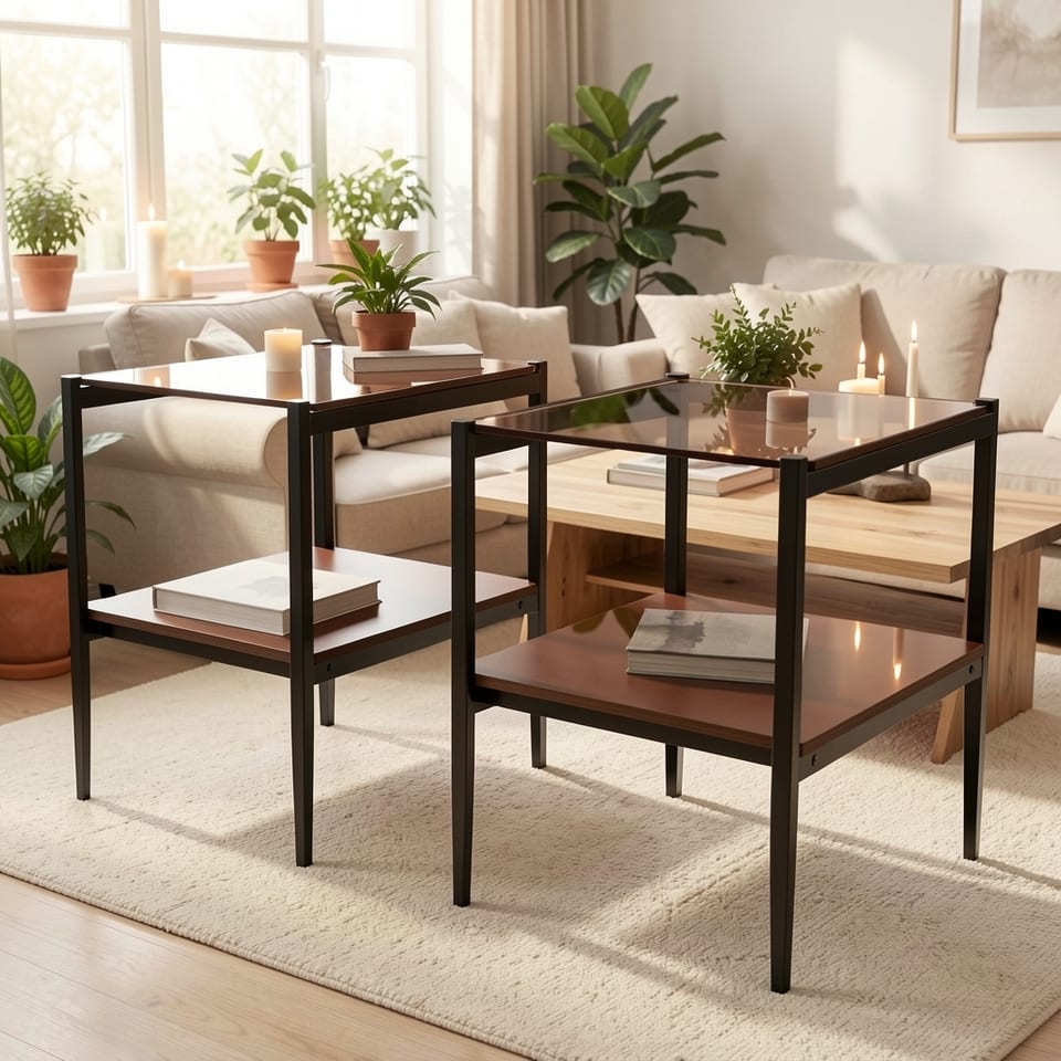 Two brown glass and black metal end tables with books, fruit and pastries on top