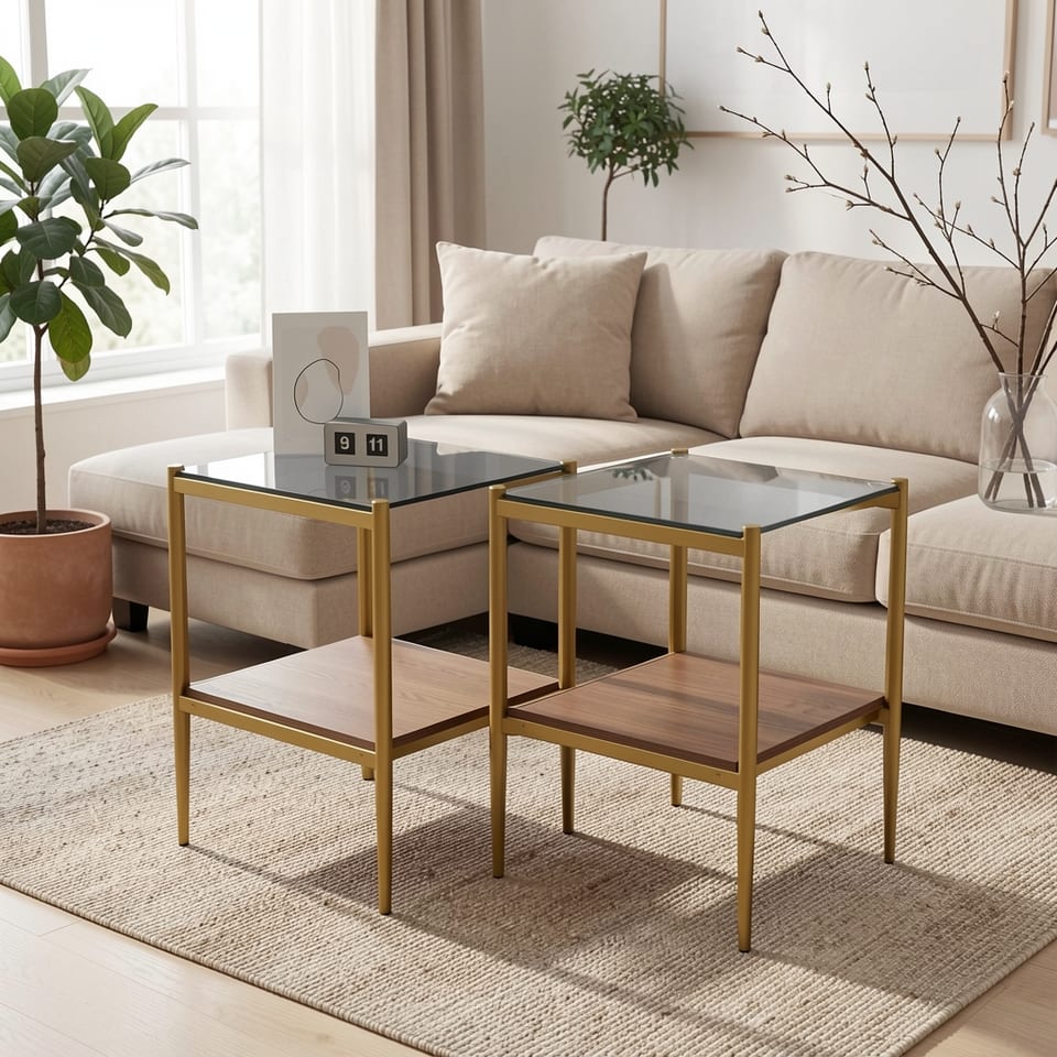 Gray glass and gold metal end tables with dark wood shelves