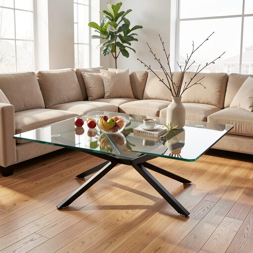 Rectangular glass coffee table with black metal legs on a beige rug in front of a white couch.