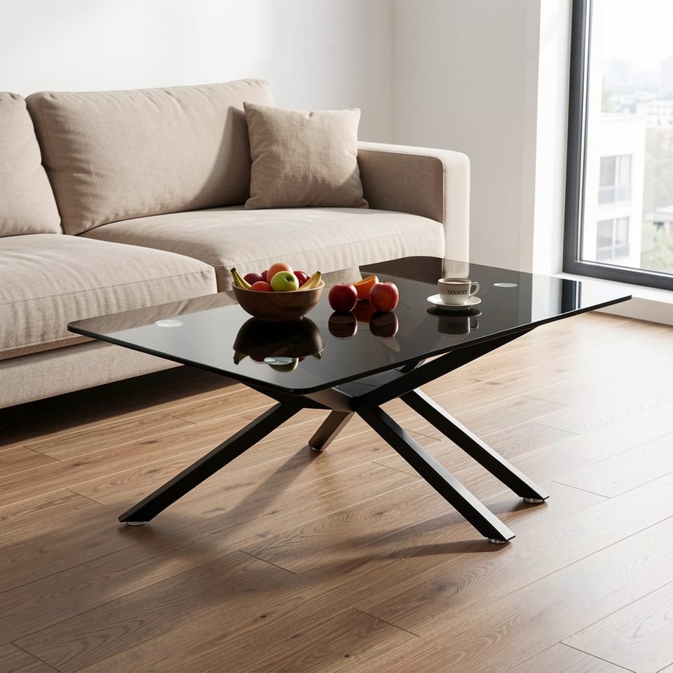 Black glass coffee table with black metal legs on a white background