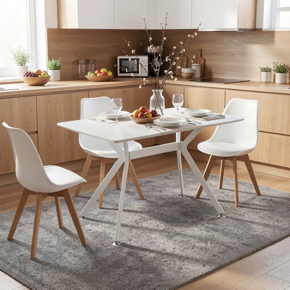 White rectangular dining table with light wood legs on gray carpet