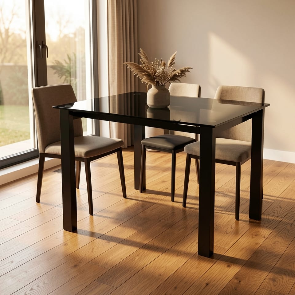 Black tempered glass dining table with metal legs on a white background