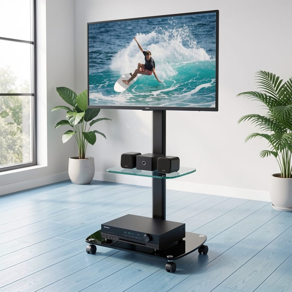 Black metal and glass TV stand with lockable wheels and adjustable height