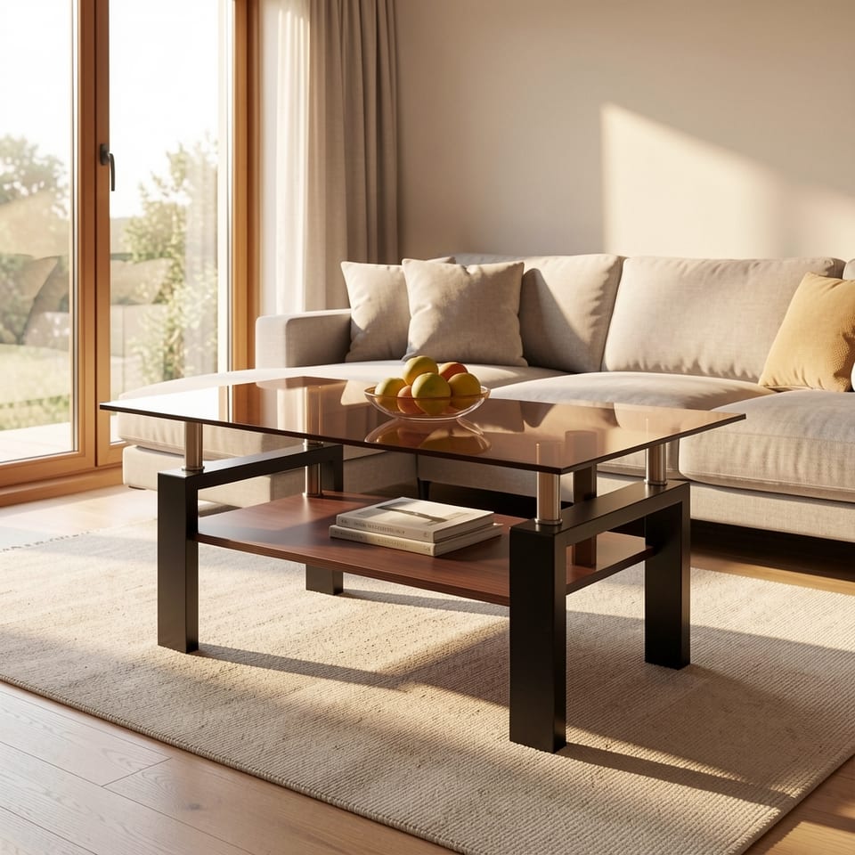 Brown glass coffee table with black metal legs and wooden shelf