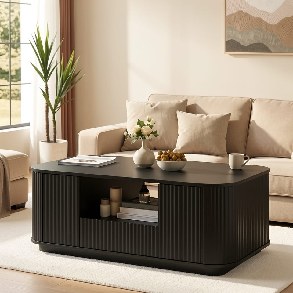 Black modern coffee table with drawers and storage compartments in a living room