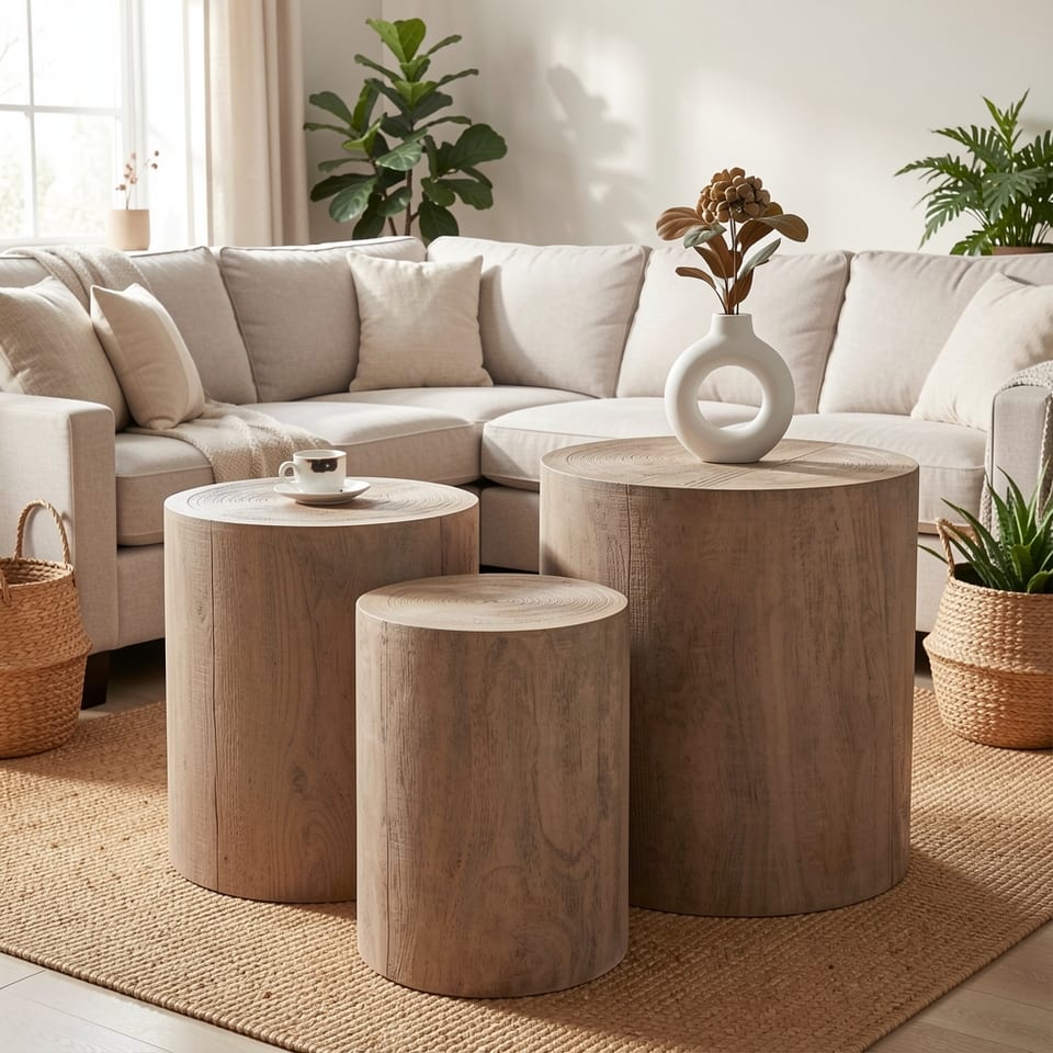 Set of three rustic wooden end tables with rounded tops