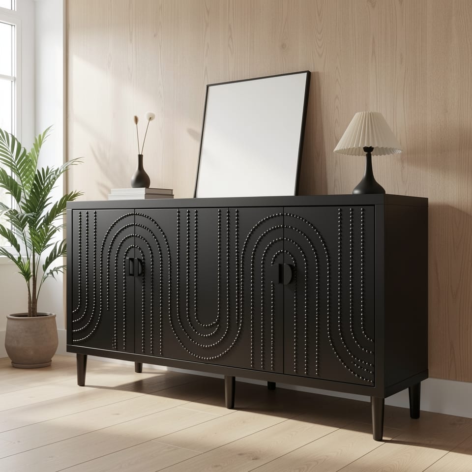 Black sideboard cabinet with decorative nailhead accents in a stylish living room setting.