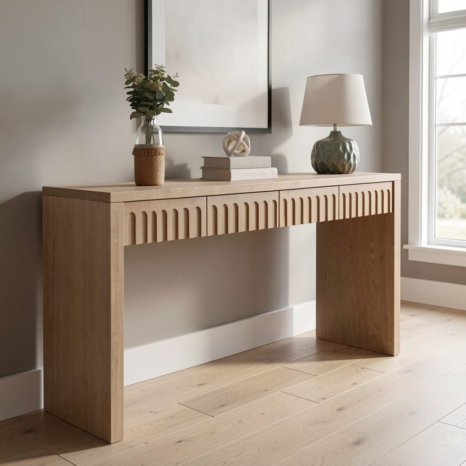 Light wood console table with 4 drawers and grooved front panel