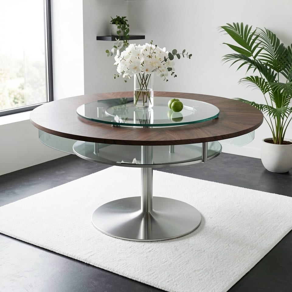 A close-up of a round dining table's stainless steel base and wooden pedestal