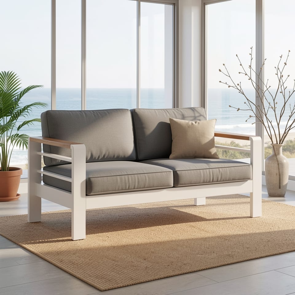 A stylish outdoor loveseat with gray cushions and a white frame on a balcony overlooking the ocean.