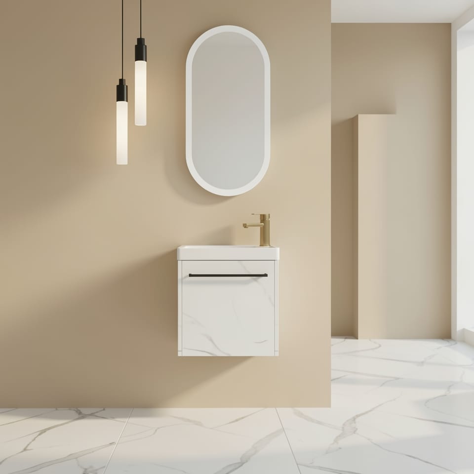 A sleek, wall-mounted bathroom vanity with a resin sink and soft-close cabinet door in a modern bathroom setting.