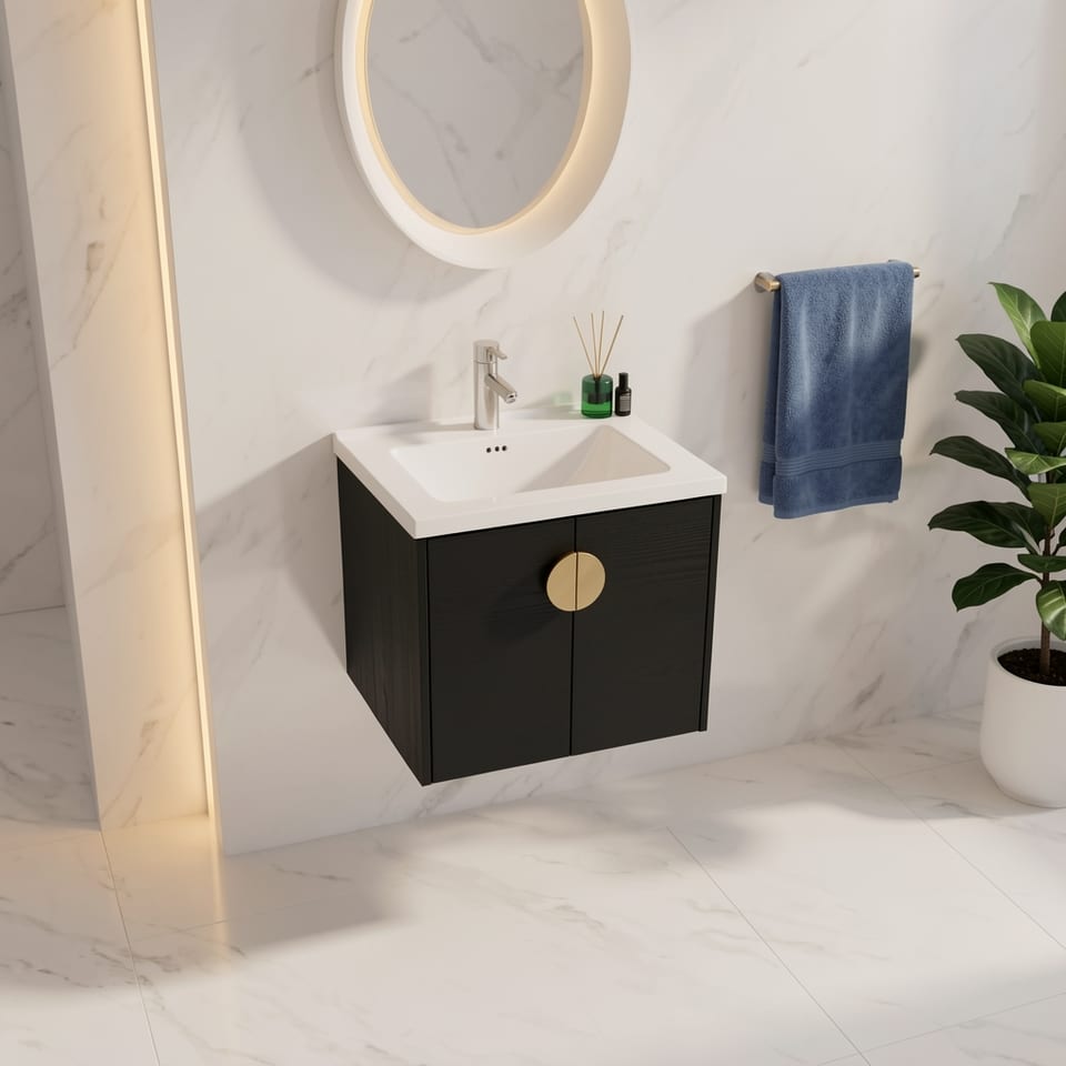 A sleek black and white bathroom vanity with soft-close doors