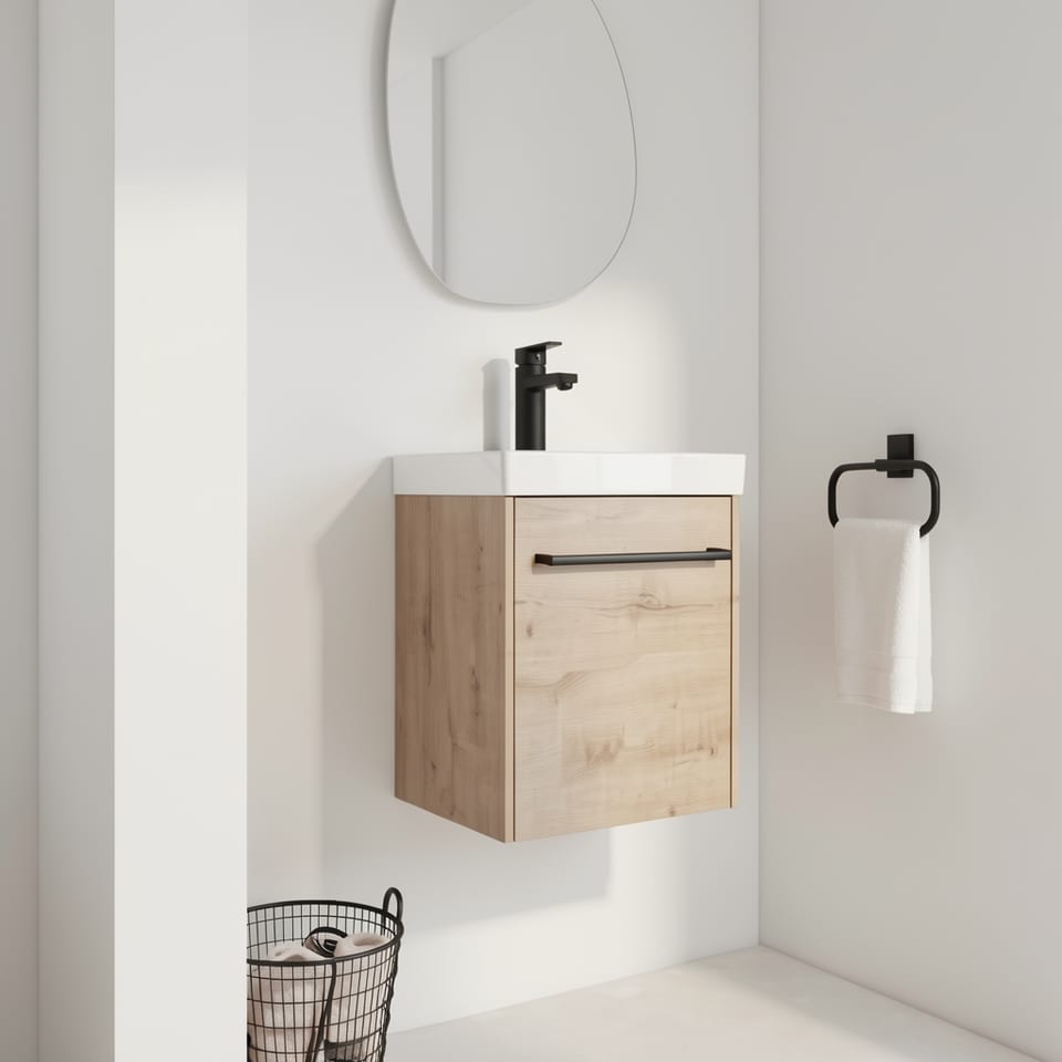 Light wood floating bathroom vanity with white ceramic sink and black faucet