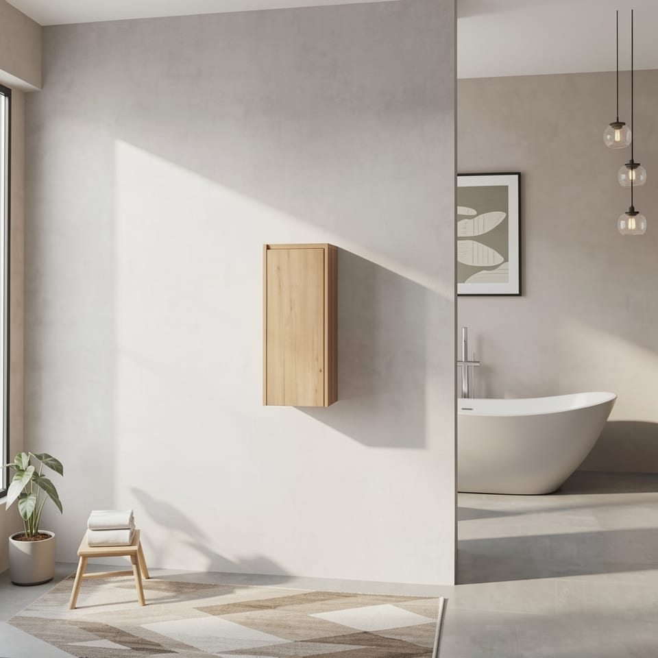Light brown wooden bathroom side cabinet with soft close doors mounted on a gray wall