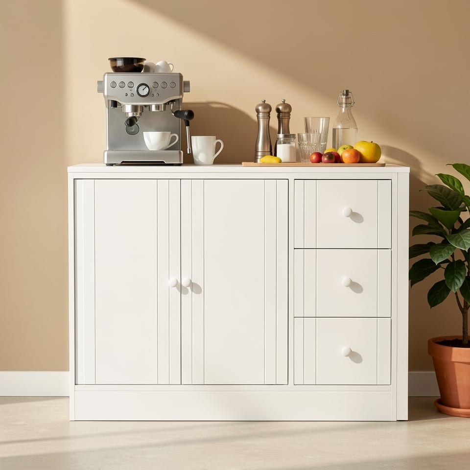 White wooden sideboard with 2 doors and 3 drawers