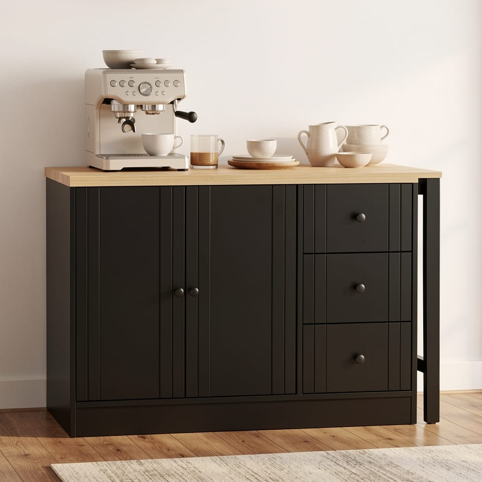 Black wooden sideboard with light wood top and extendable table