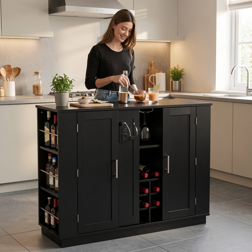 Black kitchen island with drop leaf, power outlet, and bottle rack