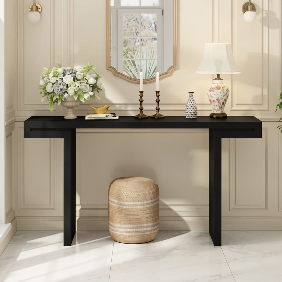 Black console table with geometric clean lines in a stylish entryway