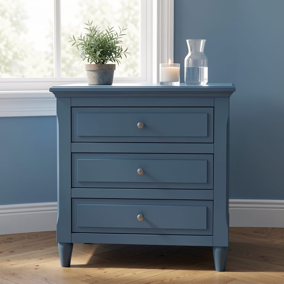 Blue 3-drawer nightstand with dark knobs