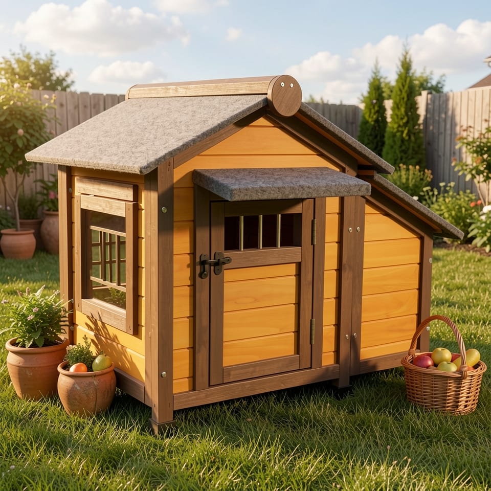 A white dog sitting comfortably inside a cozy wooden dog house with a brown frame and gray roof, surrounded by potted plants.