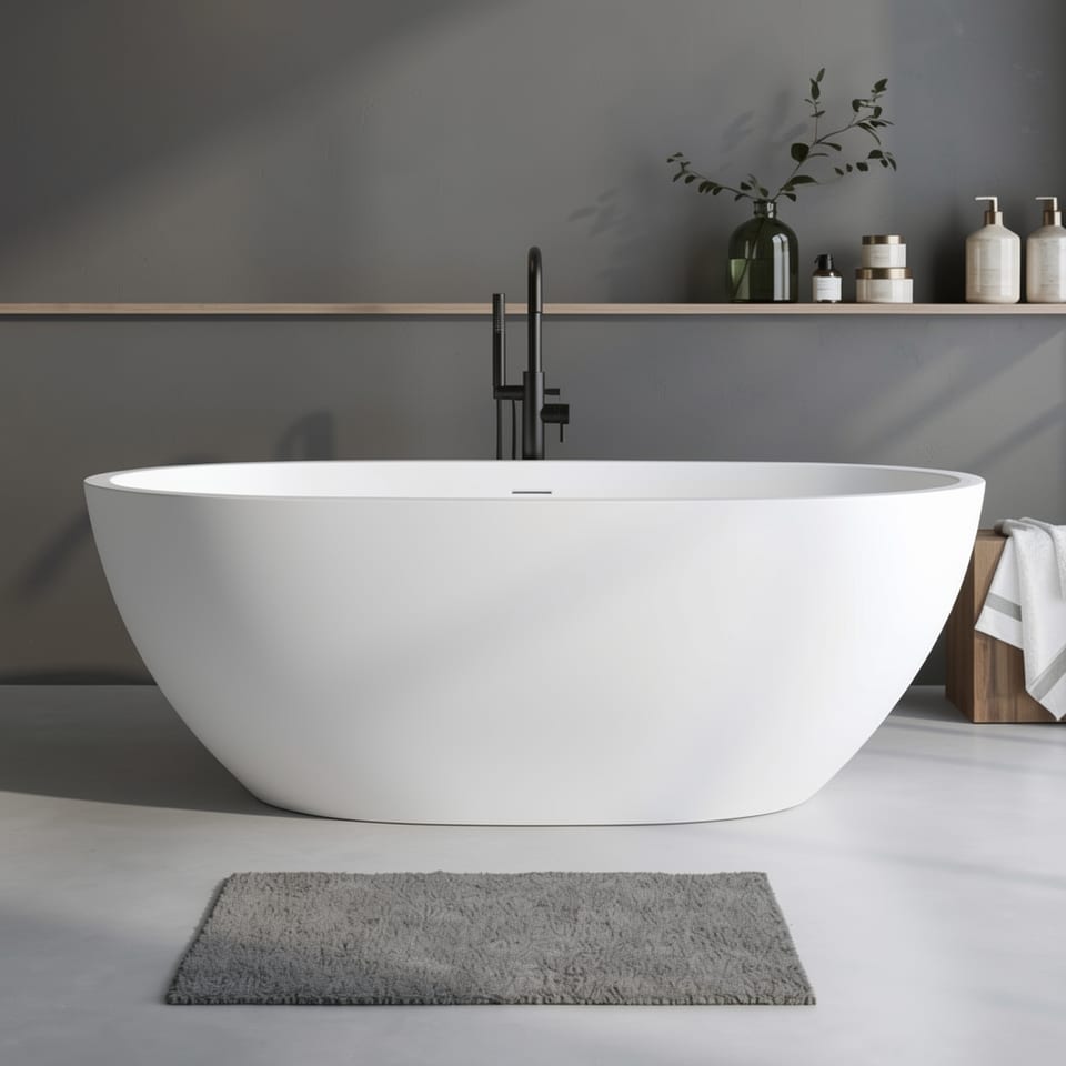 Oval matte white freestanding bathtub with black faucet