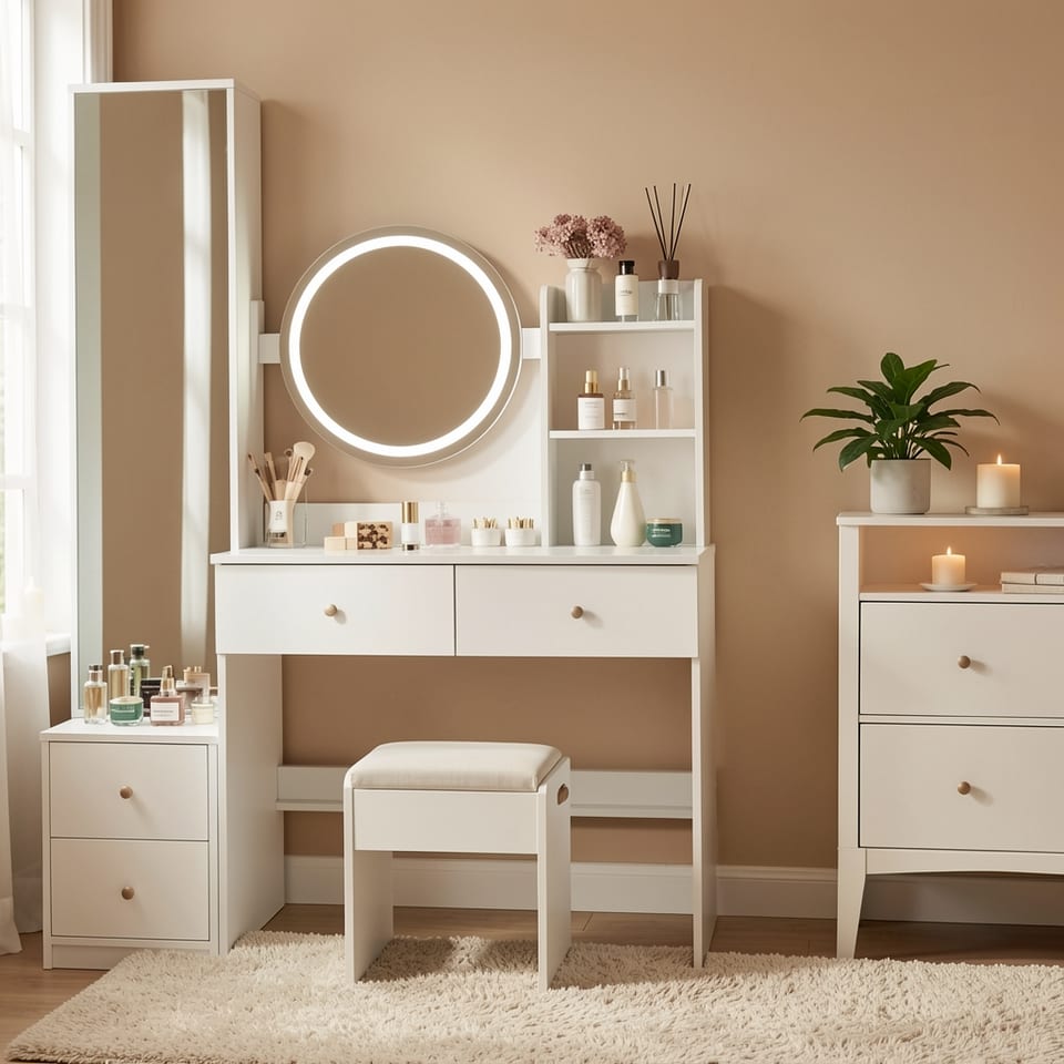 LED-lit round mirror on a white vanity with stool and makeup