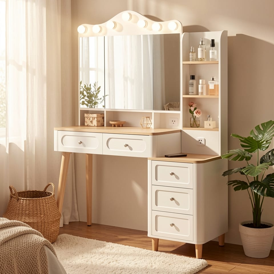 Vanity desk with mirror and lights, makeup vanity with USB power strip