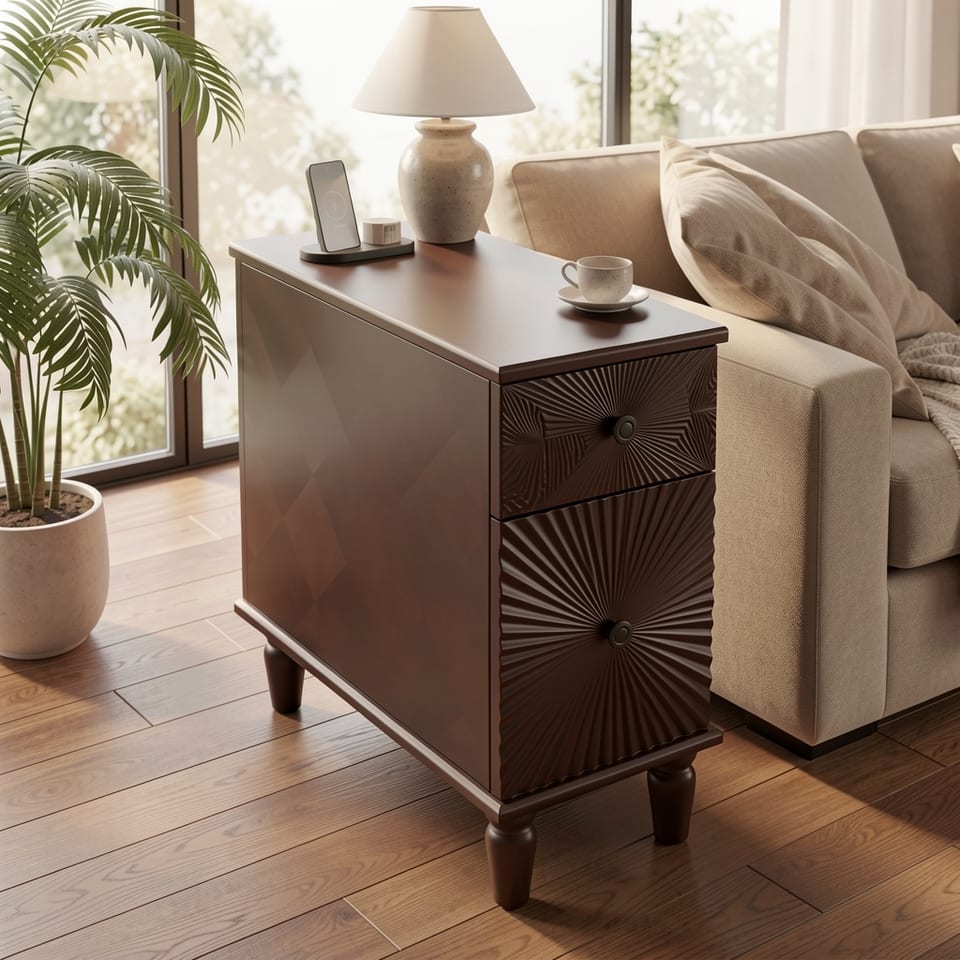A dark brown wooden side table with two drawers next to a white couch.