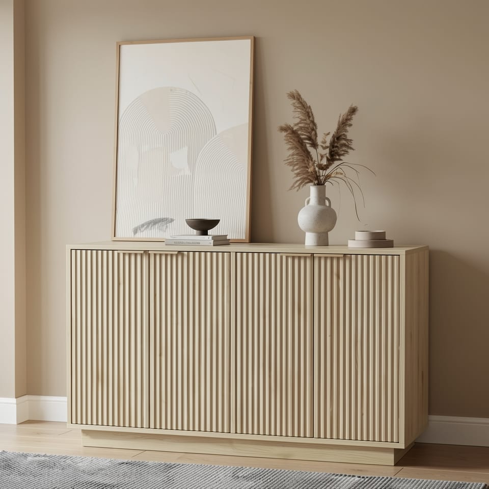 A beige wooden sideboard with fluted doors in a modern living room