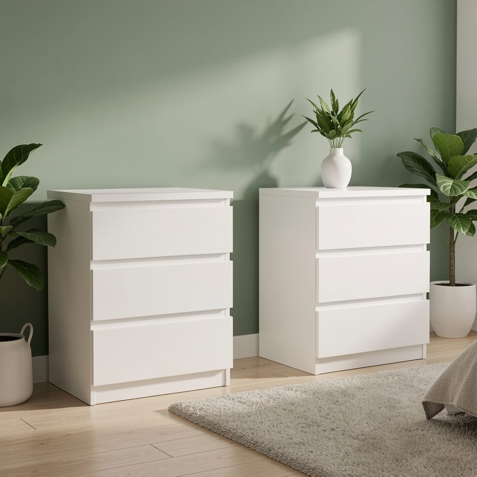 White 3-drawer nightstand in a bedroom with a record player on top