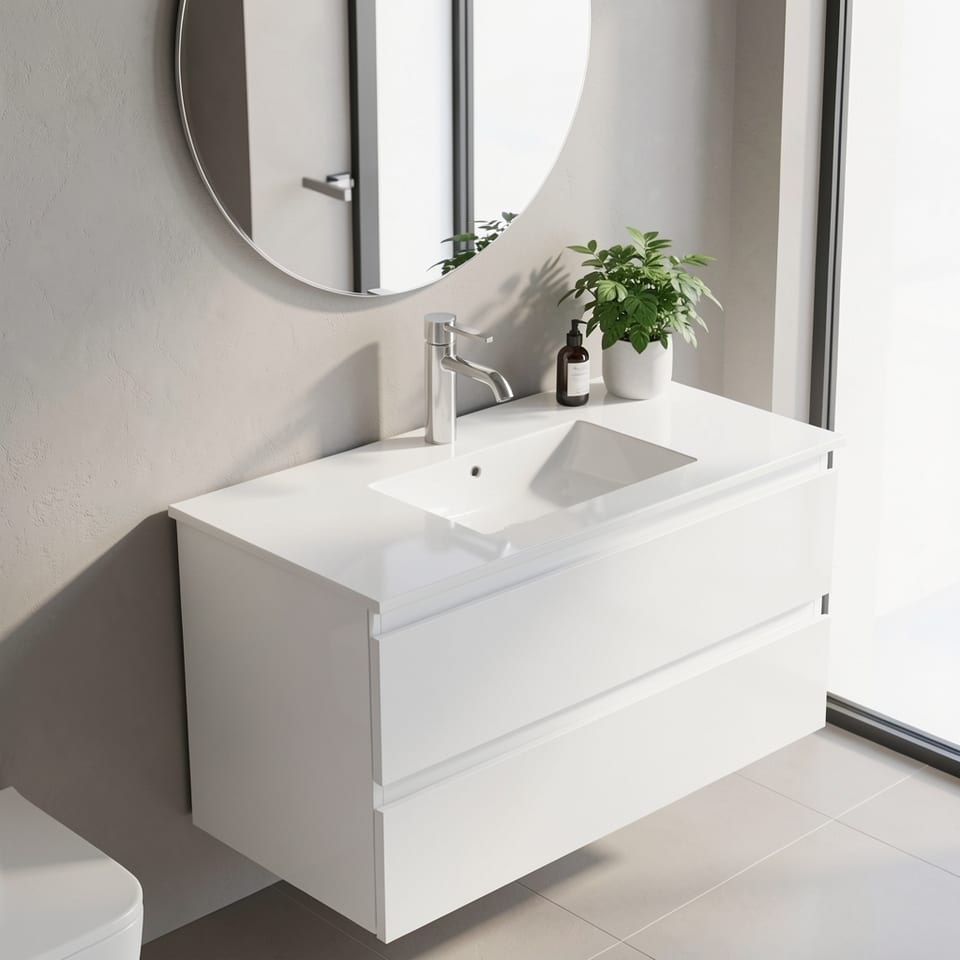 Glossy white bathroom vanity with two drawers and sink