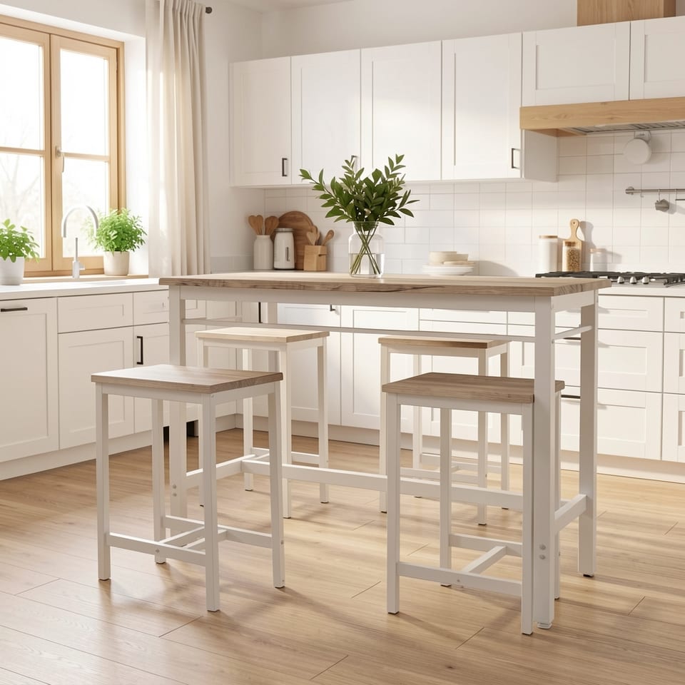 Gray wood grain table top with white metal frame and four matching stools