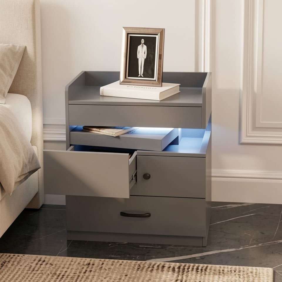 Gray nightstand with adjustable LED strip light and two drawers