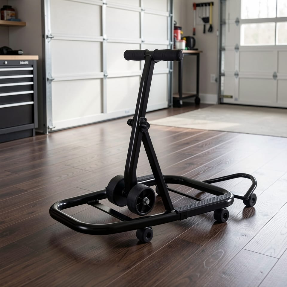 A white motorcycle on a black lift stand in a modern room