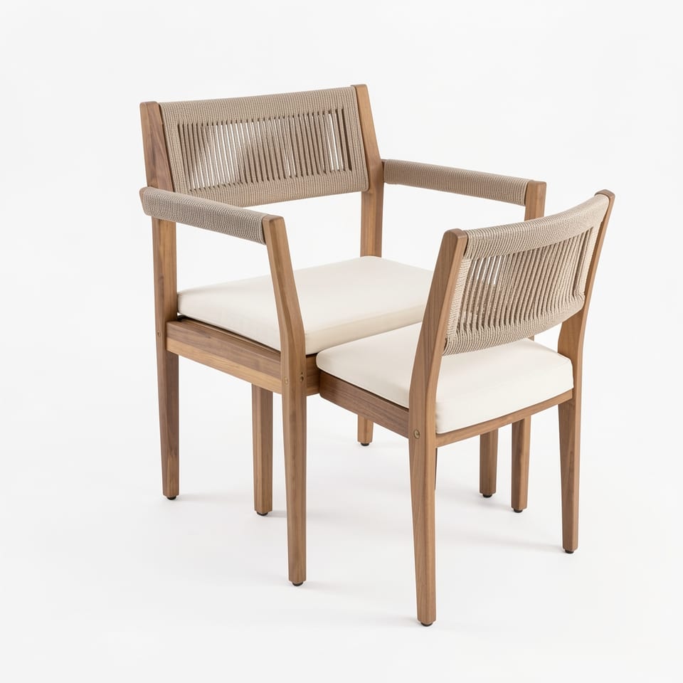 Four braided acacia wood outdoor dining chairs with beige rope and cream cushions on a wooden deck beside a pool.