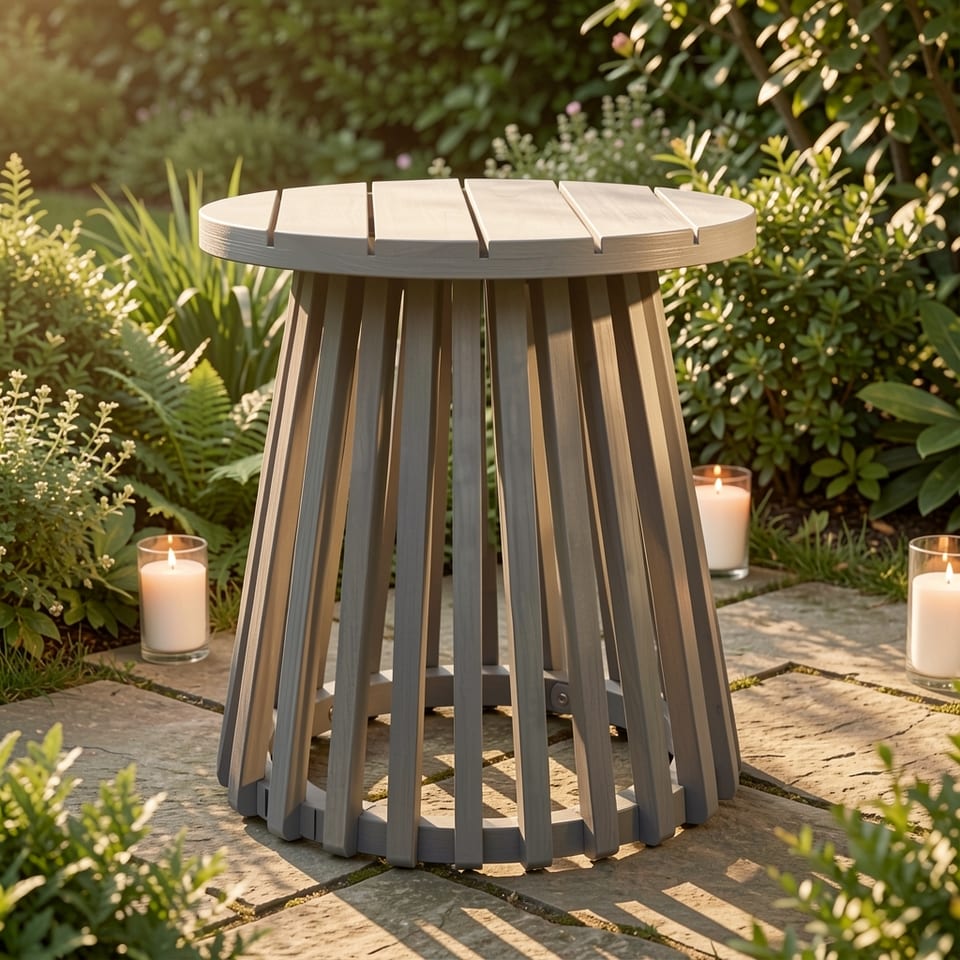 Outdoor acacia wood patio side table with grey finish on a sandy surface next to a sofa
