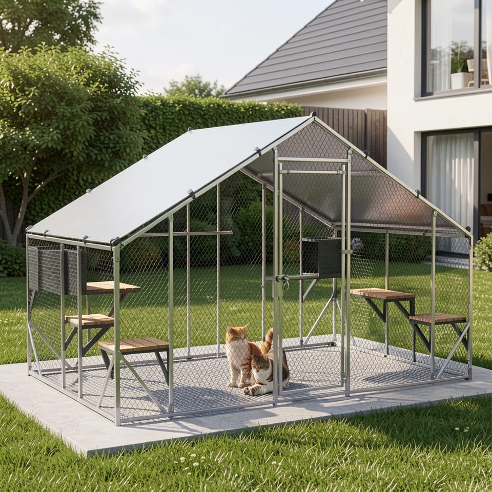Large outdoor metal cat cage with white tarp roof and two cats inside