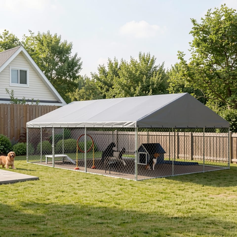 Large dog kennel with waterproof roof and chain link fence in a backyard