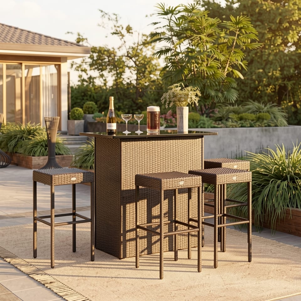 Brown rattan wicker bar set with 2 shelves and 4 bar stools