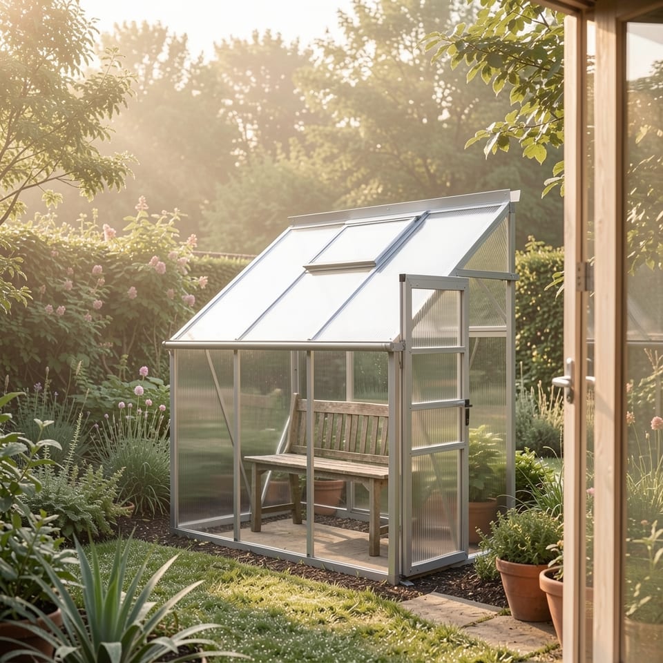 A small, walk-in greenhouse with a polycarbonate roof and aluminum frame, surrounded by lush greenery and vibrant flowers in a backyard garden.
