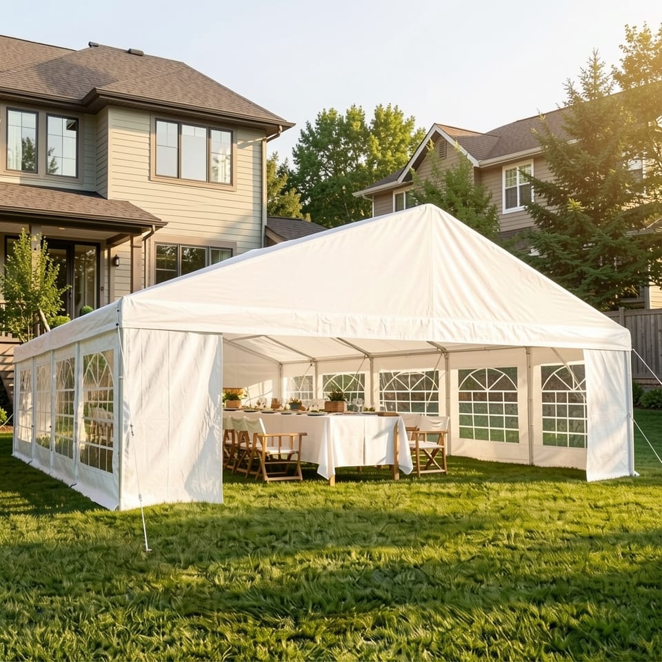Large white outdoor party tent with windows on a brick patio