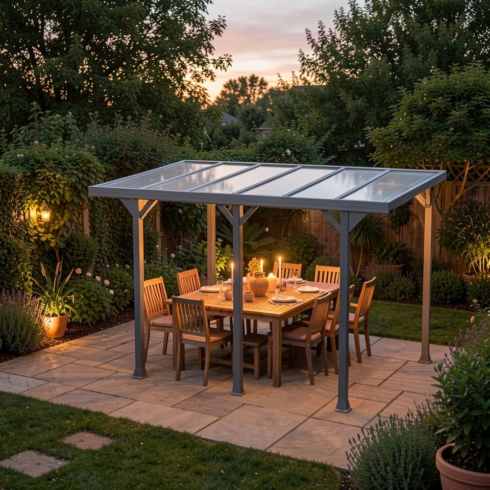 Gray aluminum pergola with transparent polycarbonate roof panels