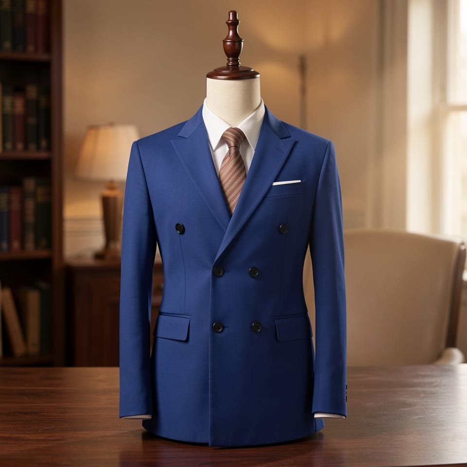 Royal blue double-breasted suit jacket on a mannequin