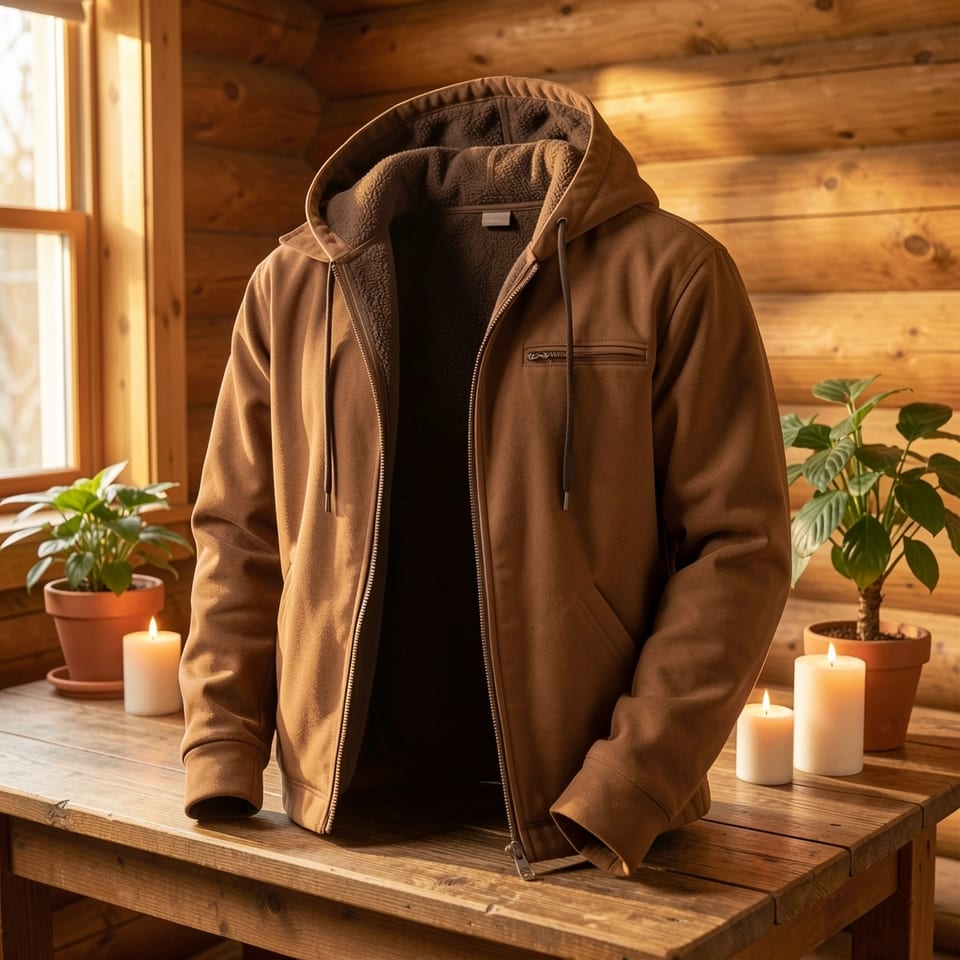Blue hooded jacket with fleece lining and zip-up front