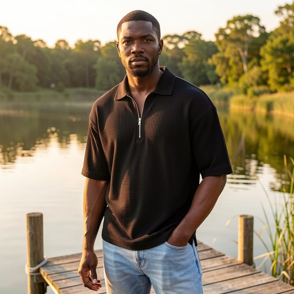Light blue waffle-weave short-sleeved polo shirt with zipper on a model