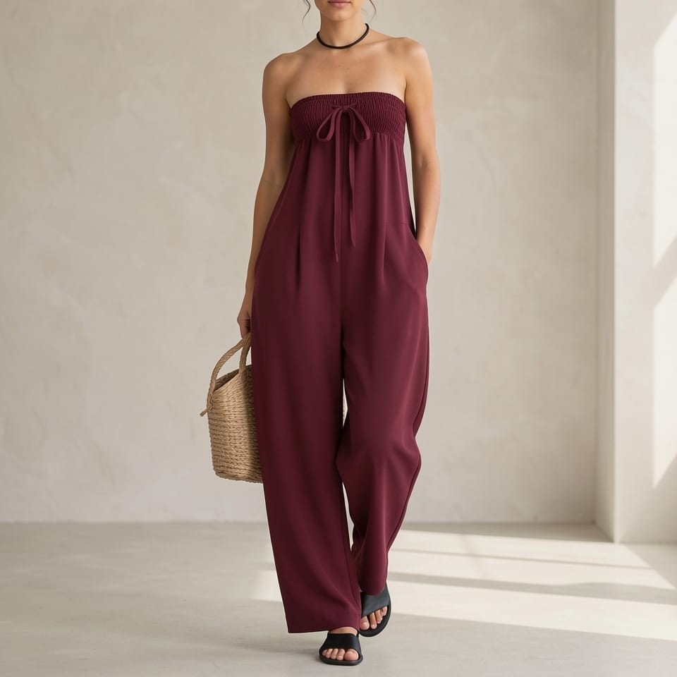 Woman wearing maroon strapless jumpsuit with ruched top and wide-leg pants, holding a straw bag