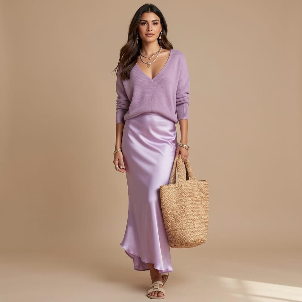 Woman wearing a long purple satin skirt with a sweater, holding a woven bag
