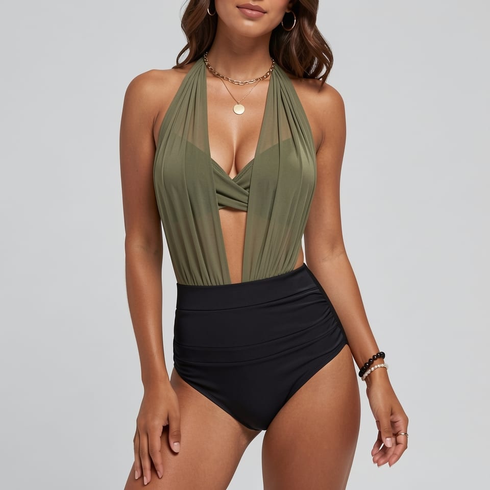 Woman wearing a black high-waisted bikini with deep V-neck and sheer top.