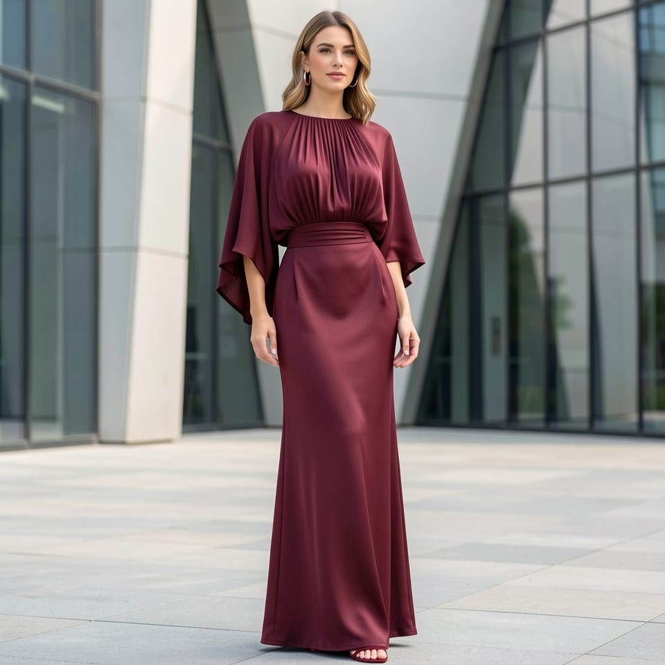 Burgundy dress with batwing sleeves and backless design, worn by a model standing outdoors